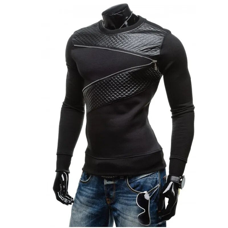 Leather Patchwork Hoodies Men Zipper Decoration Long Sleeve Sweatshirt Tops Men's Leisure Hoodie Clothes 4XL 5XL