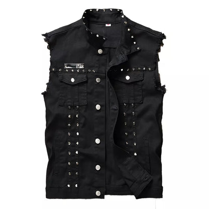 Fashion Mens Rivet Denim Vest Punk Party Studded Slim Fit Jean Jacket Male Sleeveless Waistcoat For Men Plus Size