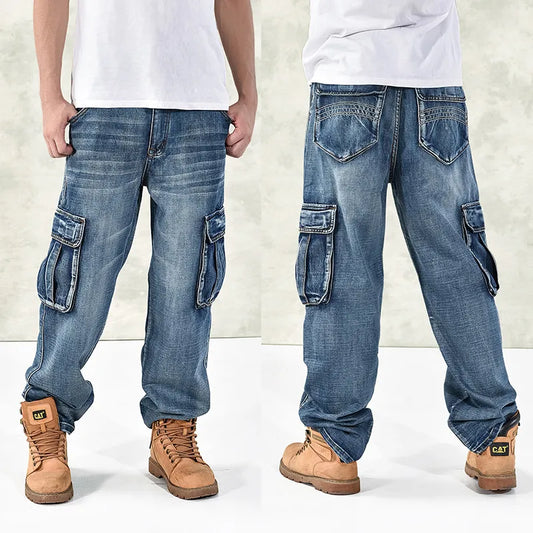 HOT New  Large Size 30-44 46 Jeans Fashion Loose Big Pockets Hip-Hop Skateboard Casual Men Denim Blue & Black Design Brand