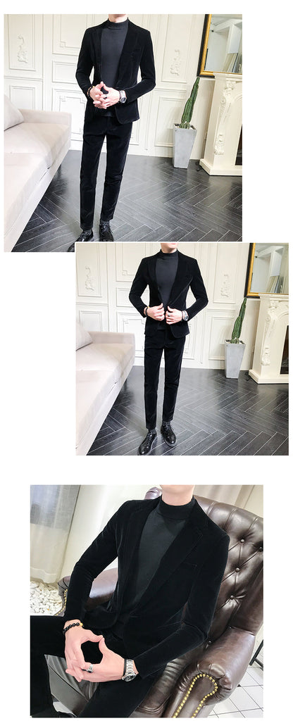 Elegant Wine Red Suits Mens Velvet Luxury Suits For Mens Groom Wedding Velour Suits Gentlemen Dress 2 pcs Flannel Green Burgundy
