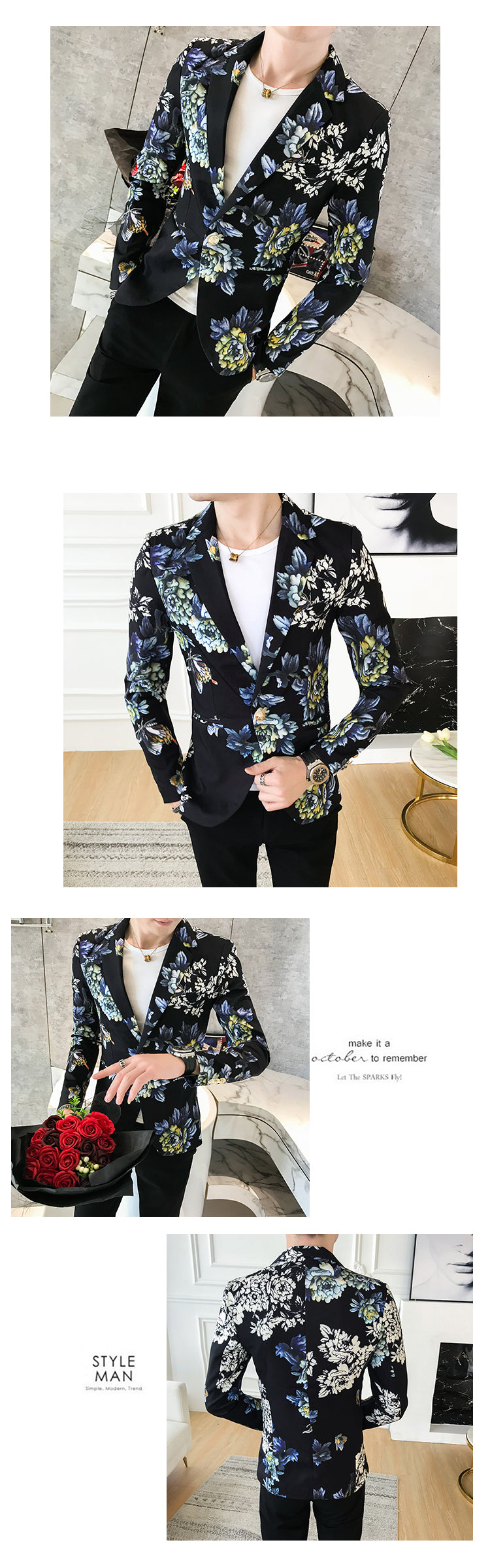 Quality Men's Personality Floral Blazer Men's Terno Masculino Slim Casual Spring Fashion Suit Men's Single Button Blazer