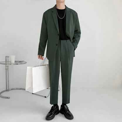 Men's Suit Two Pieces Set Simple Light Mature Loose Long Sleeve Suit Coat + Suit Pants Green High Quality New