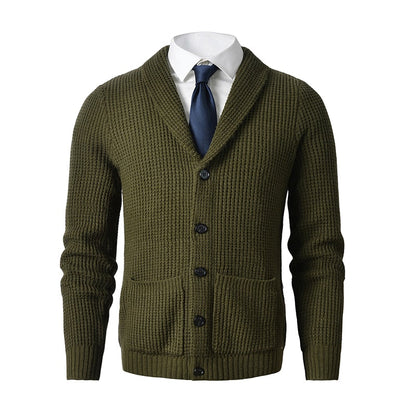 Men's Shawl Collar Cardigan Sweater Slim Fit Cable Knit Button up Merino wool Sweater with Pockets