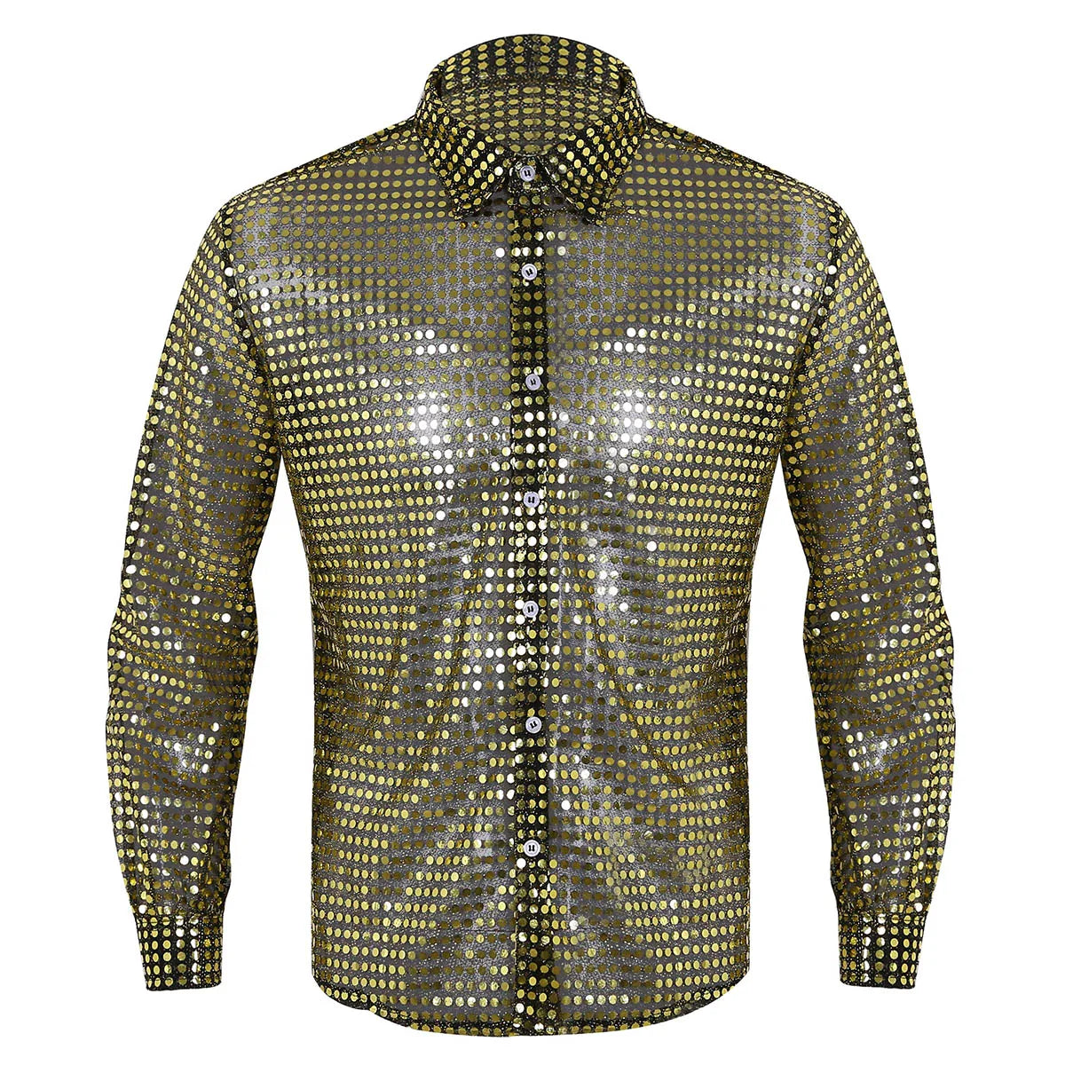 Men Casual Slim Fit Shiny Gold Sequins See Through Mesh Shirt Prom Tops Night Club Wear Disco Shirt Dance Performance Tops