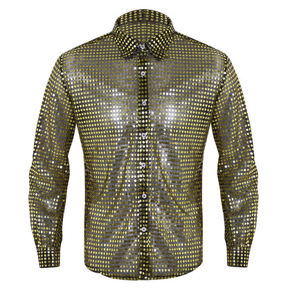Men Casual Slim Fit Shiny Gold Sequins See Through Mesh Shirt Prom Tops Night Club Wear Disco Shirt Dance Performance Tops