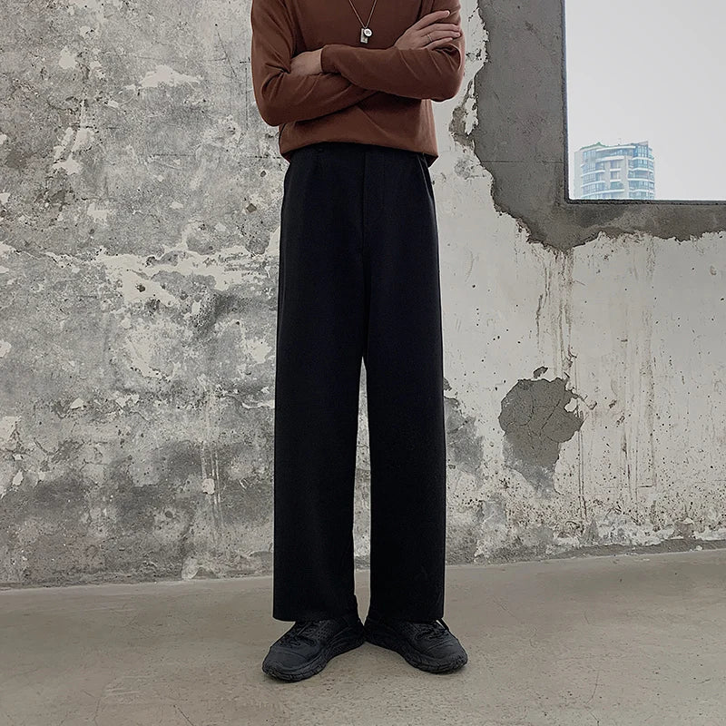 Winter Thick Woolen Pants Men's Warm Fashion Black Brown Casual Pants Men Korean Loose Straight-leg Pants Mens Trousers S-2XL