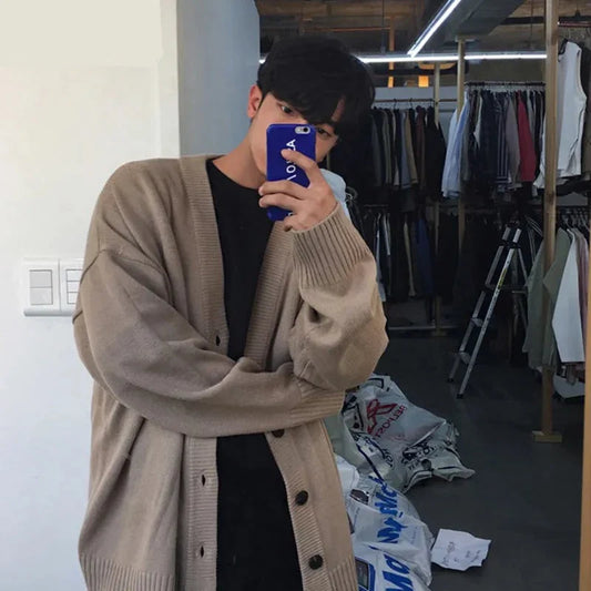 Men's Wear Knitted Sweater Loose V-neck Single-breasted Solid Color Knitted Cardigan Coat Autumn New