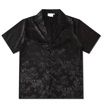Harajuku Men Shirts Black Flower Print Short Sleeve Single Breasted Loose Shirt  Hip Hop Beach Casual Streetwear Unisex