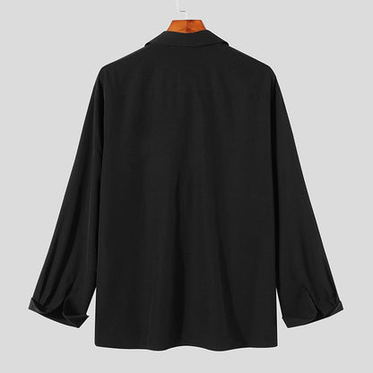 Men Casual Shirt Solid Color Lapel Button Long Sleeve Fashion Tops Streetwear Loose Leisure Camisa Masculina S-5XL