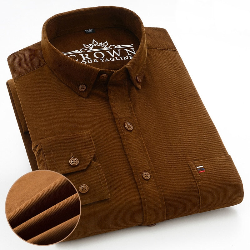 Plus Size S~7XL Corduroy Shirt Men Casual Long Sleeve Regular Fit Business Dress Shirts For Male Soft Leisur Comfortable Pocket