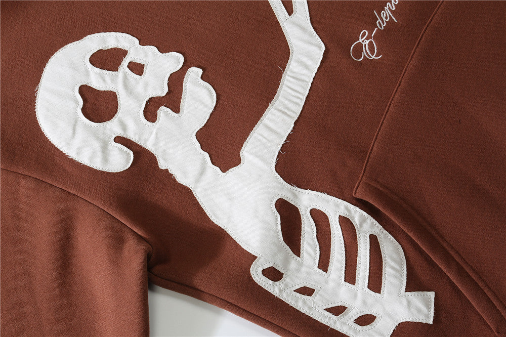 Embroidery Skull Heart Patchwork Brown Cotton Hoodies Men Harajuku Sweatshirt Fleece Punk Hooded Pullover Vintage Clothes