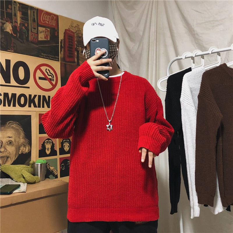 Winter Ribbed Pullovers Men Cozy Loose O-neck Solid Sweaters Couples Knitted Retro Warm Long Sleeve Korean Style Teens Jumpers