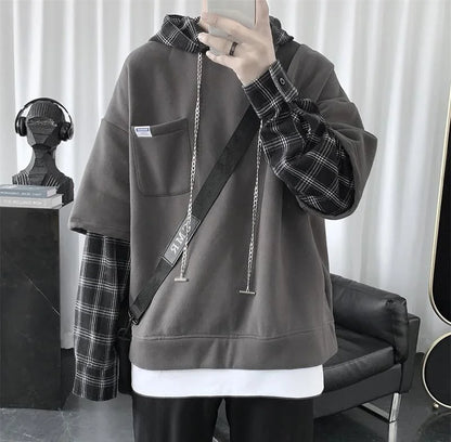 saferido Hooded sweater men's autumn Korean fashion versatile top loose fake two striped hip hop handsome coat
