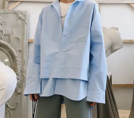 Men's Long Sleeve Shirts Tide Design Pullover Shirt For Male Trend False Two Pieces Folded Tops Loose Autumn