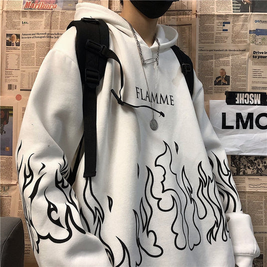 Harajuku Kpop Men's Retro Flame Print Winter Casual Oversized Sweatshirt INS Men and Women Streetwear Hoodie