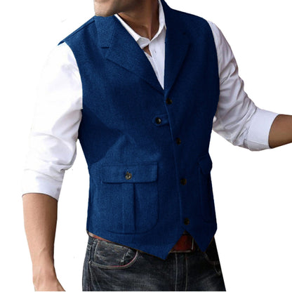 Men's 5 Button Herringbone Tweed Tailored Collar Suit Vest 2 Pockets Casual Victorian Style
