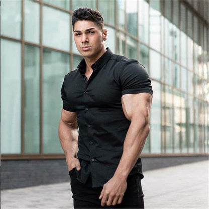 Men Fashion Casual Short Sleeve Solid Shirt Super Slim Fit Male Social Business Dress Shirt Brand Men Fitness Sports Clothing
