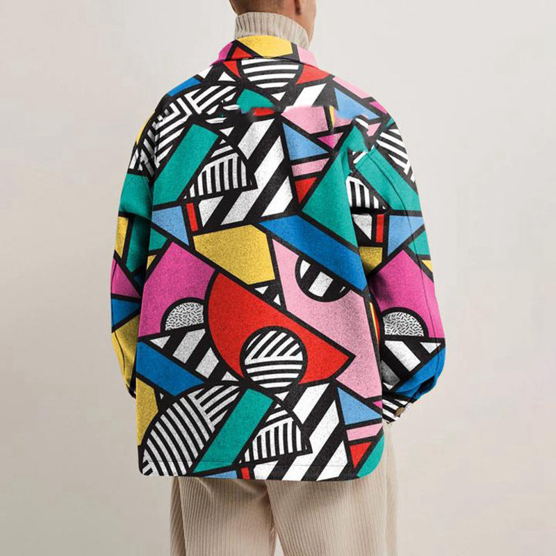 Hipster Men Turn-down Collar Shirts Autumn Winter Fashion Abstract Printed Thick Shirt Mens Cardigan Tops Casual Streetwear