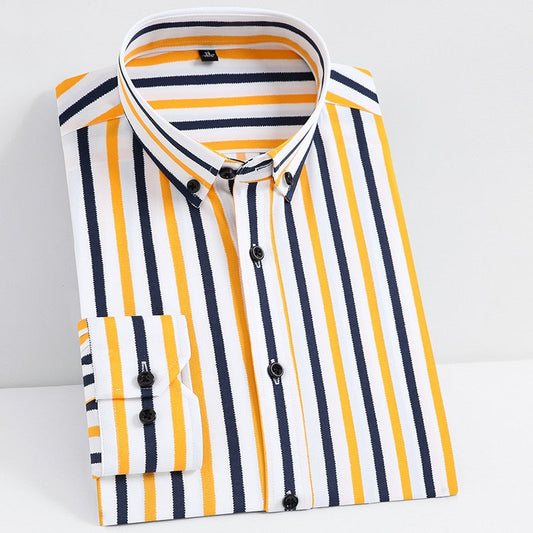 Men's Fashion Non-iron Stretch Soft Casual Striped Shirts Pocketless Design Long Sleeve Standard-fit Youthful Button-down Shirt