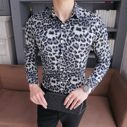 High Quality Men Shirt Brand New Slim Fit Casual Leopard Print Social Shirts Dress Long Sleeve Plus Size Night Club Prom Tuxedo