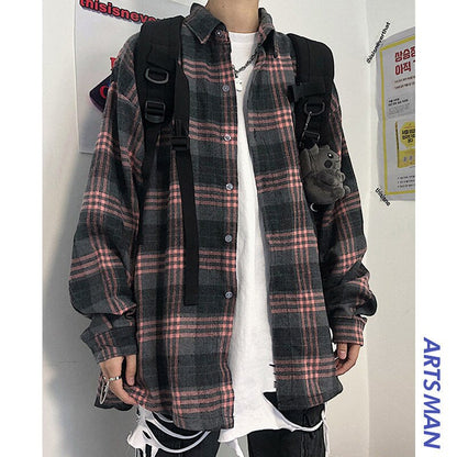 Korean Clothes Spring Plaid Shirt for Men Handsome Japanese Long Sleeve Harajuku Loose Casual  Vintage Hip Hop Streetwear
