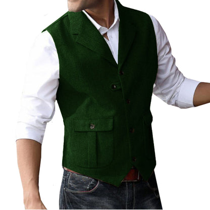 Men's 5 Button Herringbone Tweed Tailored Collar Suit Vest 2 Pockets Casual Victorian Style