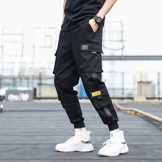 Men's Side Pockets Cargo Harem Pants Ribbons Black Hip Hop Casual Male Joggers Trousers Fashion Casual Streetwear Pants 5XL