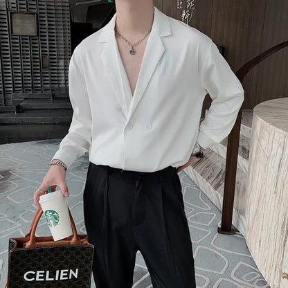 saferido 2024 Autumn New turn-down Collar Long Sleeve White Shirt For Men Loose Casual Japan Style Tops Clothing Shirt