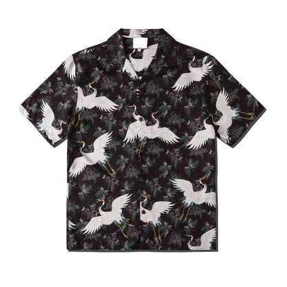 Harajuku Men Shirts Black Flower Print Short Sleeve Single Breasted Loose Shirt  Hip Hop Beach Casual Streetwear Unisex