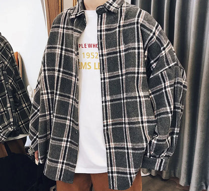 saferido harajuku block plaid block men's men streetwear men's thick, manly sleeve shirts of vintage Korean fashion clothes HIP HOP
