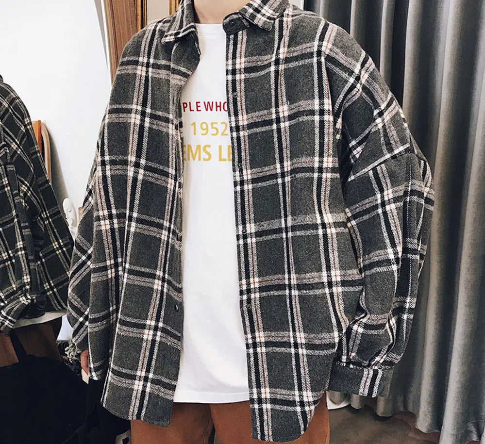 saferido harajuku block plaid block men's men streetwear men's thick, manly sleeve shirts of vintage Korean fashion clothes HIP HOP
