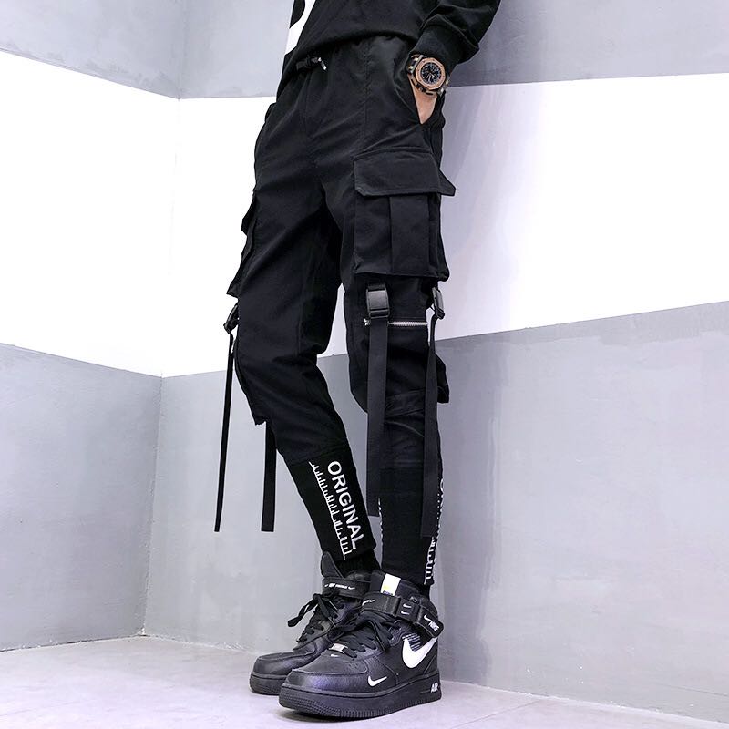 Hip Hop Men Ribbons Cargo Pants Fashion Harajuku Elastic Waist Casual Streetwear Mens Joggers Trousers Black