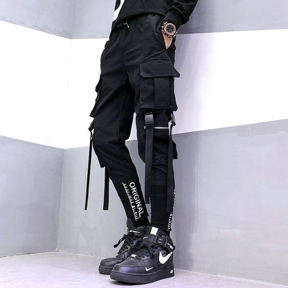 Hip Hop Men Ribbons Cargo Pants Fashion Harajuku Elastic Waist Casual Streetwear Mens Joggers Trousers Black