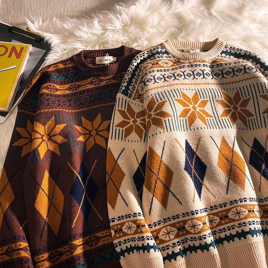 saferido Pullovers Vintage Retro Christmas Sweater Couple  Men's Knitted Sweater Winter Warm Casual Korean Streetwear Harajuku