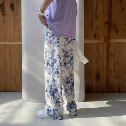 saferido Spring Summer Flower Pants Men's Fashion Printed Casual Pants Men Streetwear Loose Hip-hop Straight Wide-leg Pants Mens Trousers