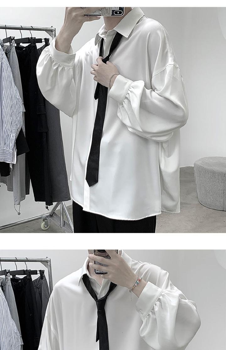 Black Long-sleeved Shirts Men Korean Comfortable Blouses Casual Loose Single Breasted Shirt With Tie