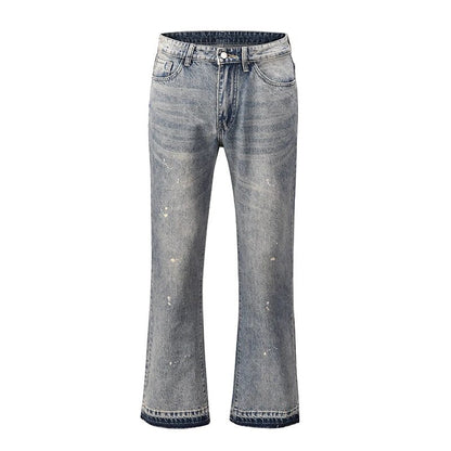 Distressed Splash Ink Flare Jeans Urban Streetwear Patch Mens Graffiti Wide Jean Hip Hop Washed Blue Slim Fit Denim Pants Men