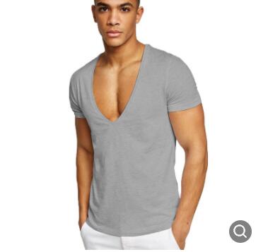 Men casual Deep V Neck T-Shirt Fashion sportswear Summer cotton sweat-absorbent Male Slim Short Sleeve Tee Shirt solid color