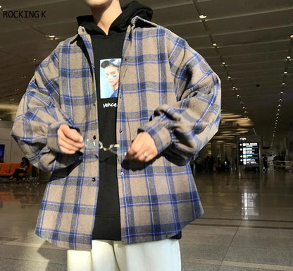 saferido harajuku block plaid block men's men streetwear men's thick, manly sleeve shirts of vintage Korean fashion clothes HIP HOP