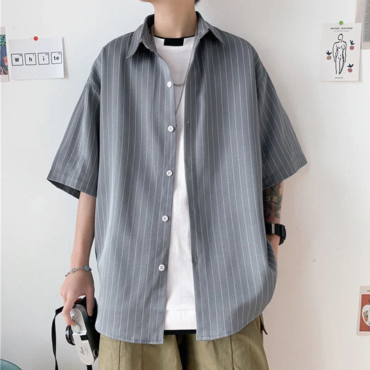 saferido Ruffian handsome black collared shirt men's summer casual loose Vertical Stripe shirt Short Sleeve Korean fashion handsome coat