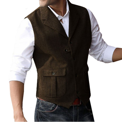 Men's 5 Button Herringbone Tweed Tailored Collar Suit Vest 2 Pockets Casual Victorian Style