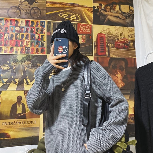 Winter Ribbed Pullovers Men Cozy Loose O-neck Solid Sweaters Couples Knitted Retro Warm Long Sleeve Korean Style Teens Jumpers