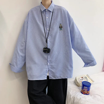 saferido Spring Fashion: Korean bear embroidered versatile striped long sleeve shirt couple shirts