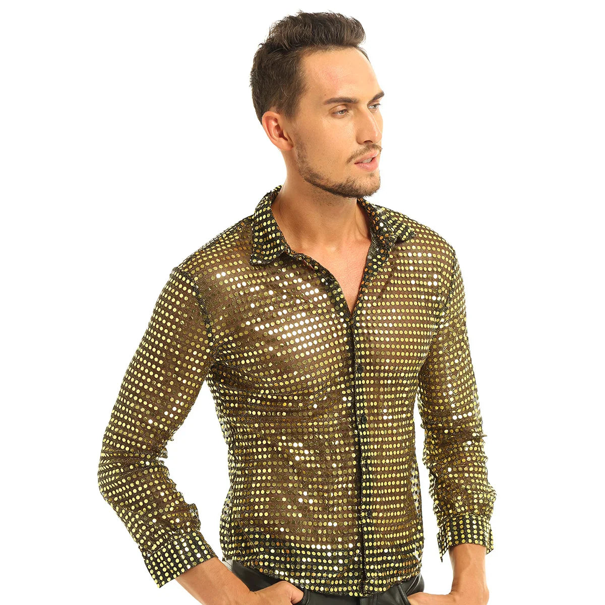 Men Casual Slim Fit Shiny Gold Sequins See Through Mesh Shirt Prom Tops Night Club Wear Disco Shirt Dance Performance Tops