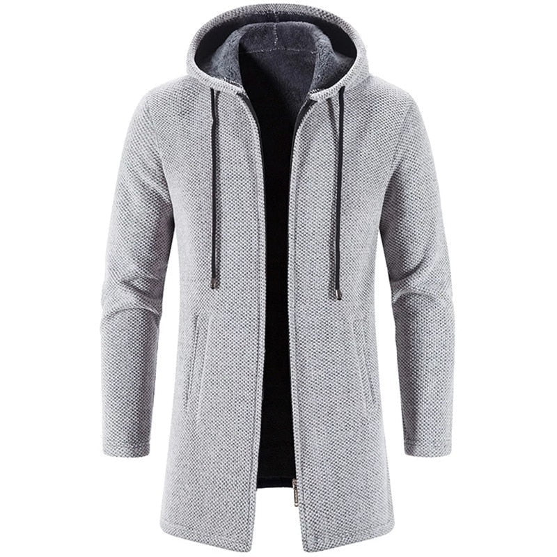 Winter Fleece Cardigan Men Thick Hooded Long Sweaterscoat Male Warm Knitted Sweater Jackets Men Causal Outwear Windbreaker