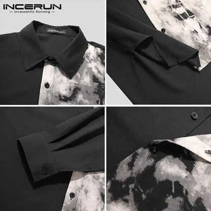 Men Casual Shirt Spring Print Patchwork Lapel Long Sleeve Streetwear Tops Korean Loose Fashion Shirts Camisas 5XL INCERUN