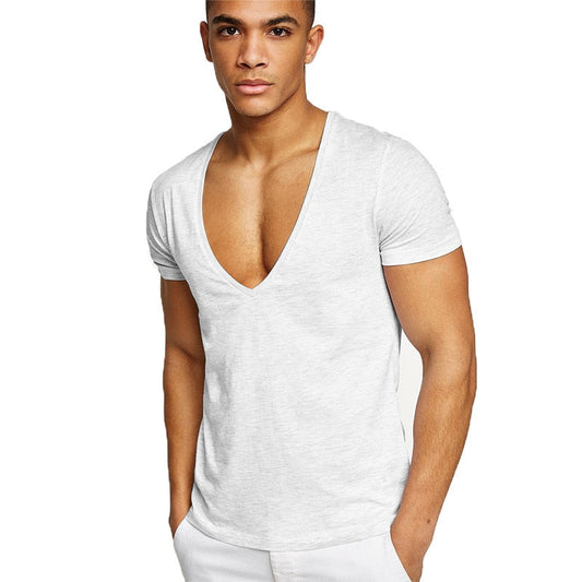 Men casual Deep V Neck T-Shirt Fashion sportswear Summer cotton sweat-absorbent Male Slim Short Sleeve Tee Shirt solid color