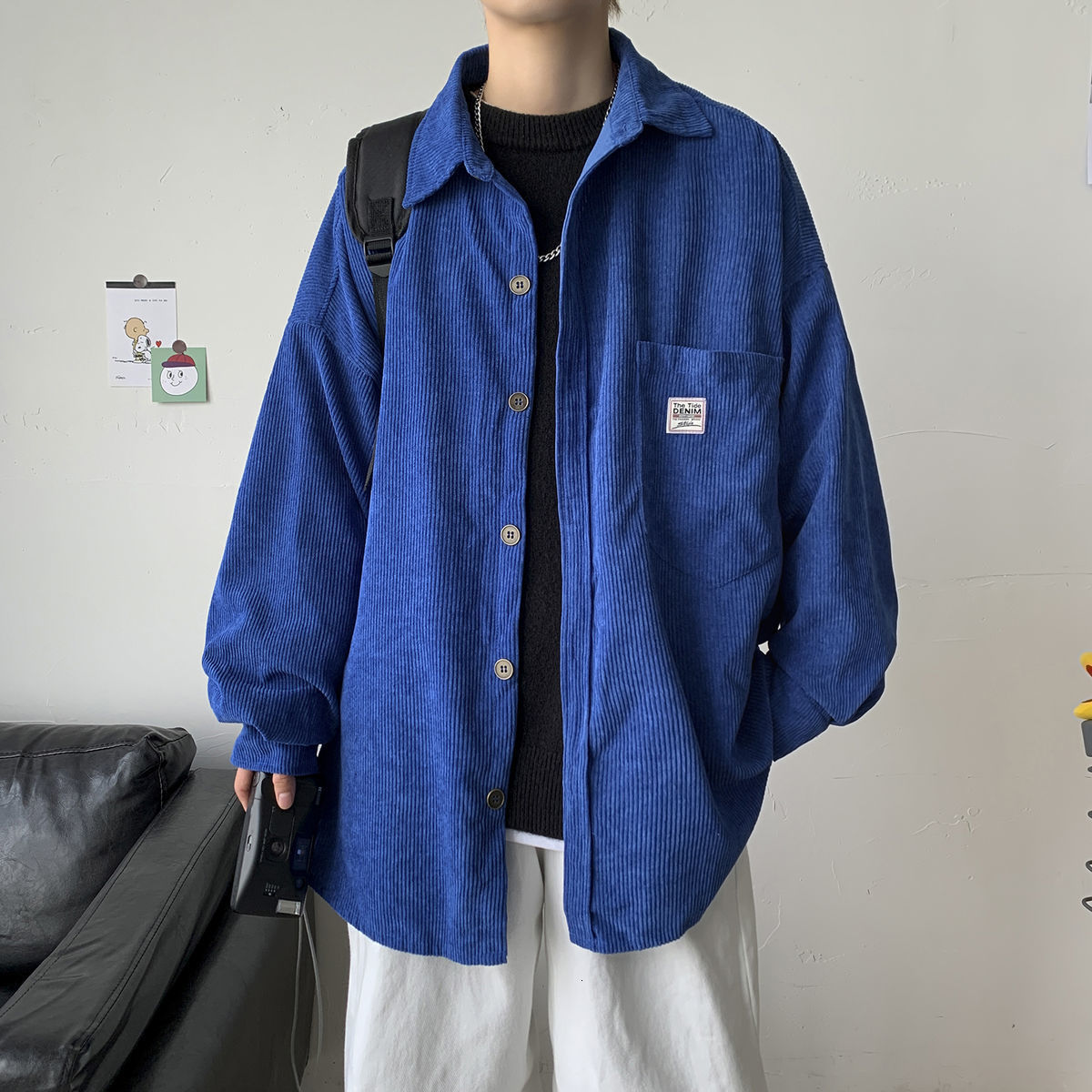 Men's Corduroy Long Sleeve Shirts Autumn Korean Shirt Unisex Fashion Casual Oversize Shirt Printed Clothing