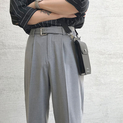 Korean Belt Suit Pants Men Fashion Solid Color Casual Dress Pants Men Loose Straight Trousers Mens Office Formal Trousers 28-34