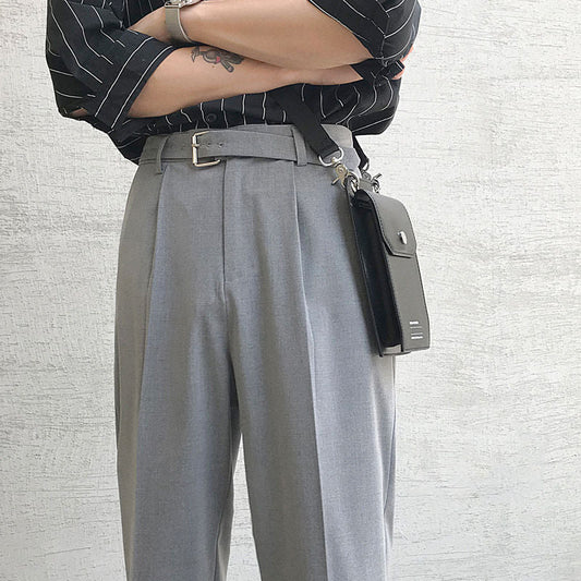 Korean Belt Suit Pants Men Fashion Solid Color Casual Dress Pants Men Loose Straight Trousers Mens Office Formal Trousers 28-34